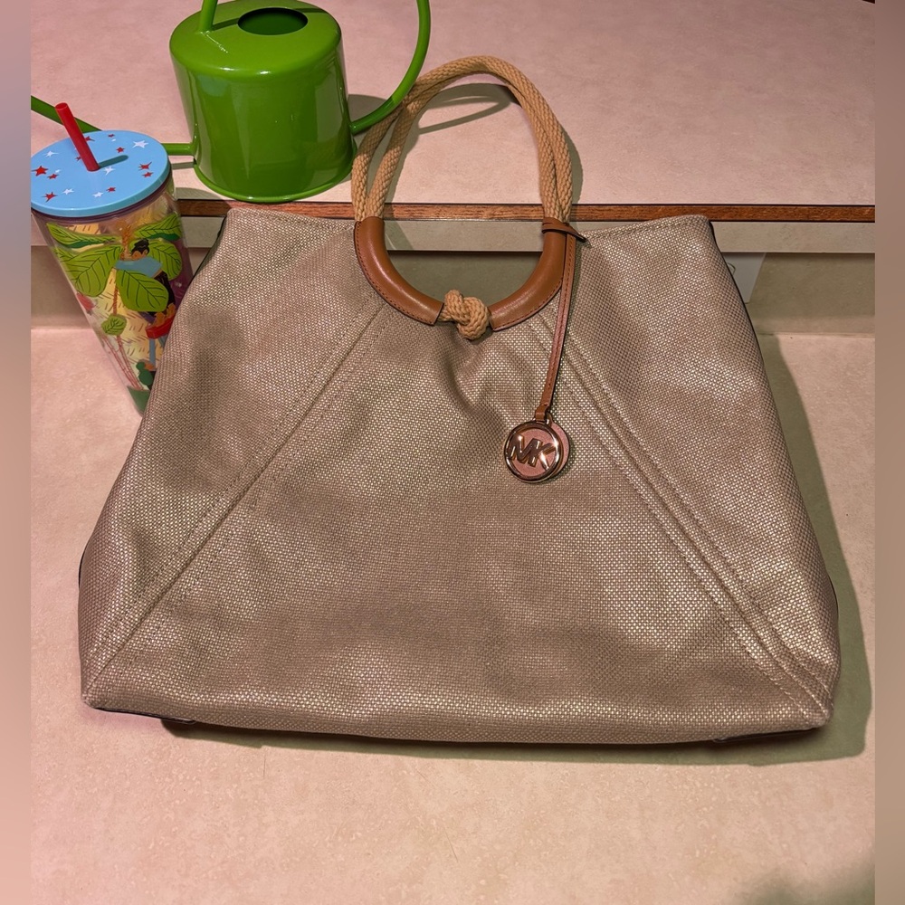 Michael Kors Isla Ring Gold/ Tan Canvas Tote Shoulder Bag Pre Owned